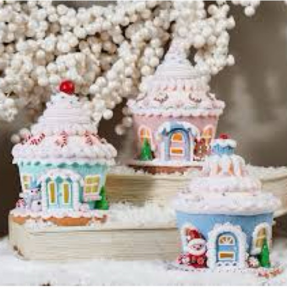 Set of (3) Valerie Parr 6” Illuminated Pastel Gingerbread Cupcakes houses